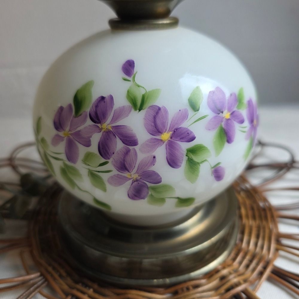 Vintage Petite Hand Painted Purple Violet Milk Glass Hurricane Lamp Brass Base - Picture 5 of 15